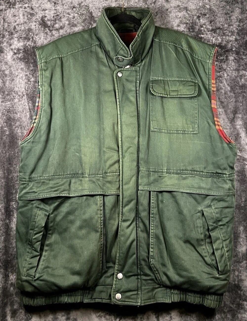 Vintage North Bay World Travel Green Hunting Utility Puffer Vest Men’s XLT Plaid